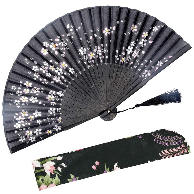 OMyTea Folding Hand Held Fan for Women Chinese/Japanese Vintage Retro Style - with a Fabric Sleeve for Protection (Little Sakura) - Image 1